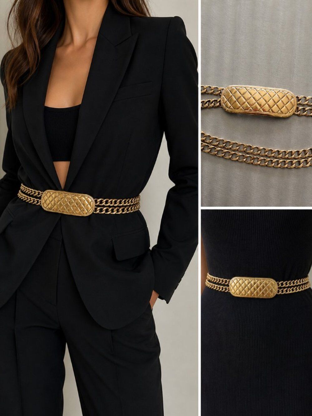 Vintage Accessocraft NYC Quilted Gold Tone Chunky Double Chain Belt 24–27 Waist